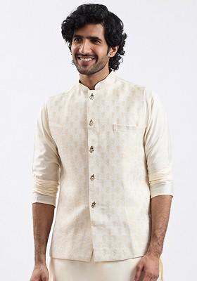 Beige Woven Poly Blend Nehru Jacket For Men