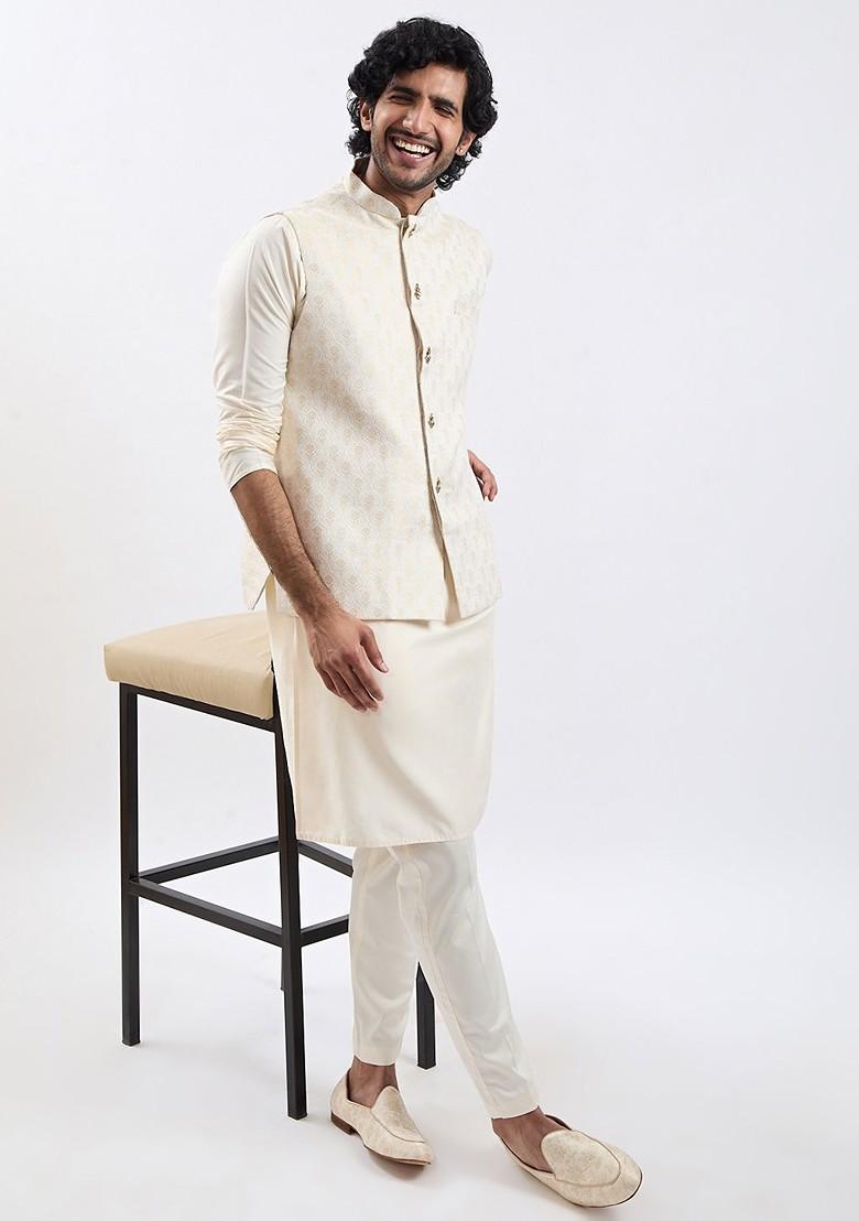 Beige Woven Poly Blend Nehru Jacket For Men