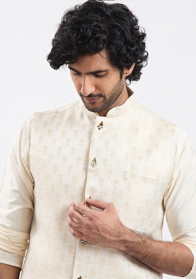 Beige Woven Poly Blend Nehru Jacket For Men
