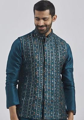 Turquoise Blue Embroidered Poly Blend Nehru Jacket For Men