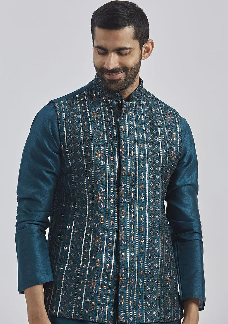 Turquoise Blue Embroidered Poly Blend Nehru Jacket For Men