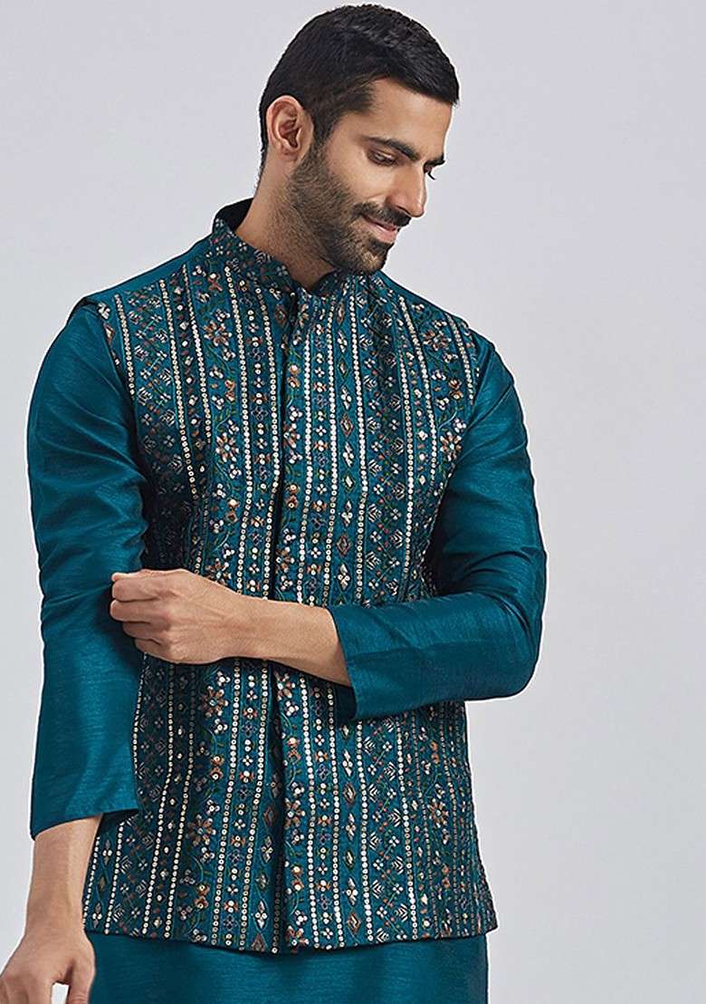 Turquoise Blue Embroidered Poly Blend Nehru Jacket For Men - Indya
