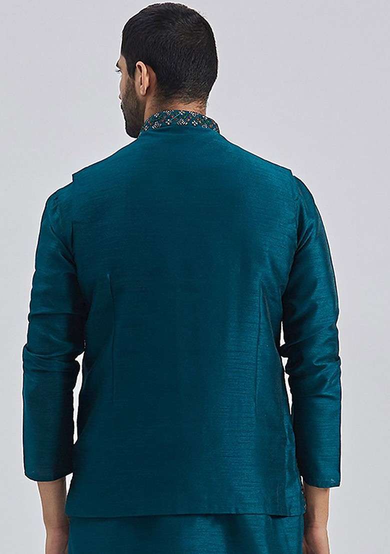 Turquoise Blue Embroidered Poly Blend Nehru Jacket For Men - Indya