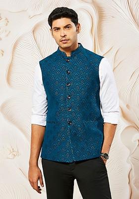 Turquoise Blue Woven Poly Blend Nehru Jacket For Men