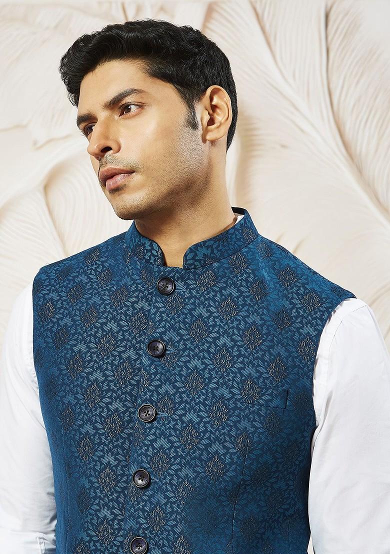 Turquoise Blue Woven Poly Blend Nehru Jacket For Men
