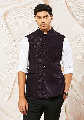 Burgundy Woven Poly Blend Nehru Jacket For Men