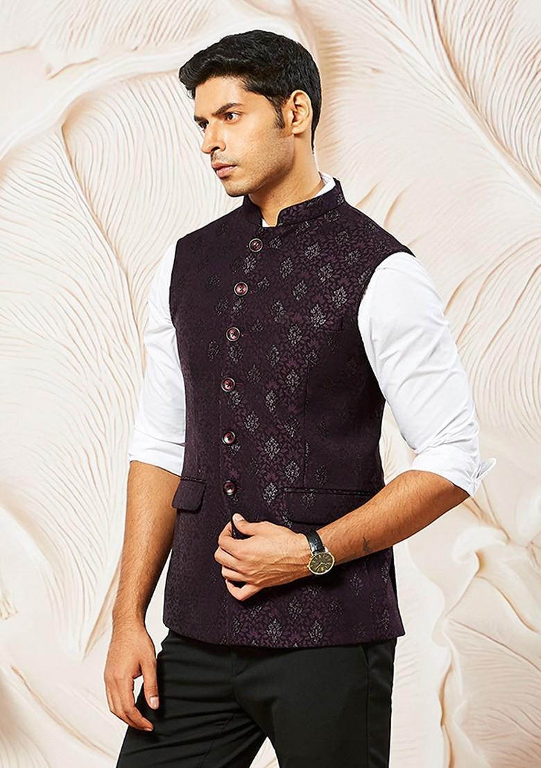 Burgundy Woven Poly Blend Nehru Jacket For Men