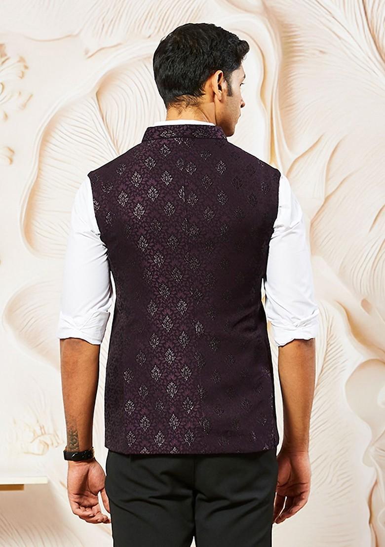 Burgundy Woven Poly Blend Nehru Jacket For Men