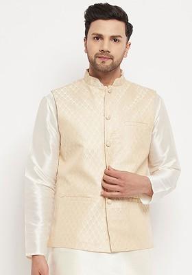 Cream Woven Poly Blend Nehru Jacket For Men