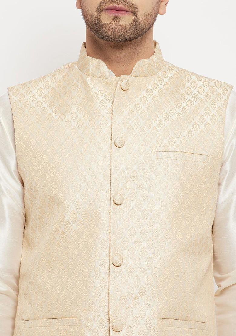 Cream Woven Poly Blend Nehru Jacket For Men