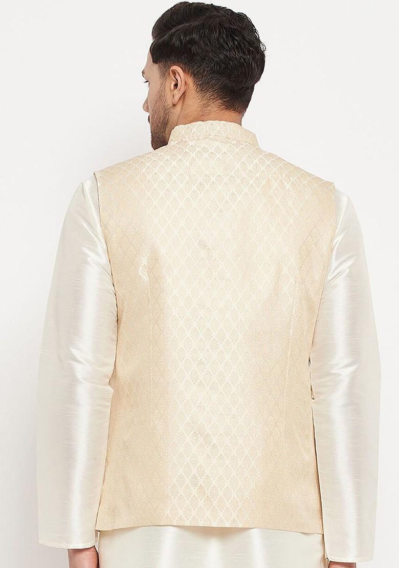 Cream Woven Poly Blend Nehru Jacket For Men