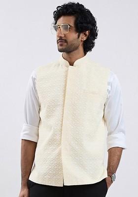Yellow Embroidered Poly Blend Nehru Jacket For Men
