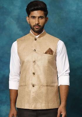 Beige Woven Cotton Nehru Jacket For Men