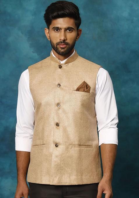 Beige Woven Cotton Nehru Jacket For Men — view on Indya