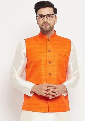 Orange Woven Poly Blend Nehru Jacket For Men
