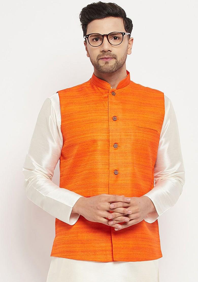 Orange Woven Poly Blend Nehru Jacket For Men
