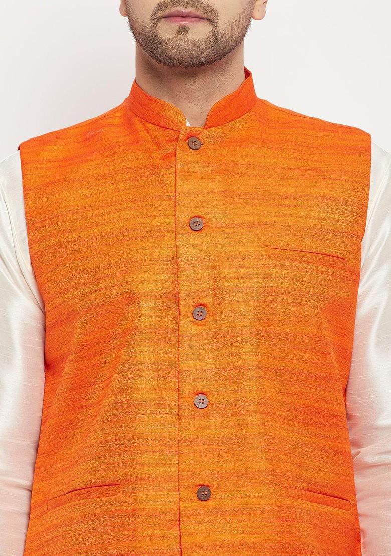 Orange Woven Poly Blend Nehru Jacket For Men