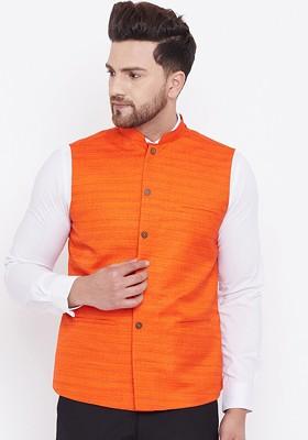Orange Woven Poly Blend Nehru Jacket For Men
