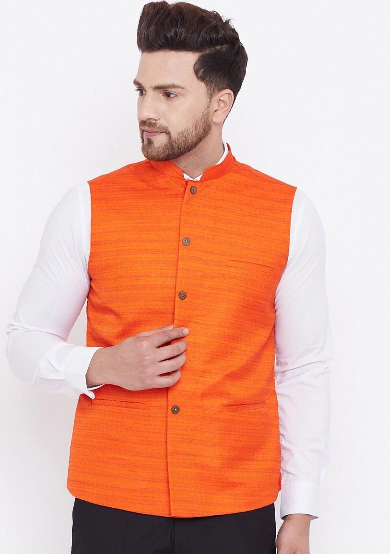 Orange Woven Poly Blend Nehru Jacket For Men