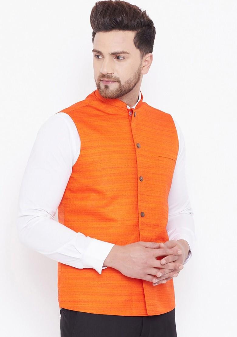 Orange Woven Poly Blend Nehru Jacket For Men