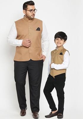 Camel Brown Solid Poly Blend Nehru Jacket For Men