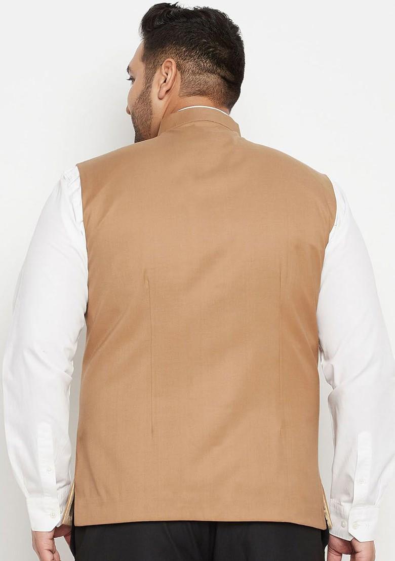 Camel Brown Solid Poly Blend Nehru Jacket For Men