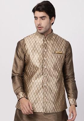 Gold Woven Poly Blend Nehru Jacket For Men