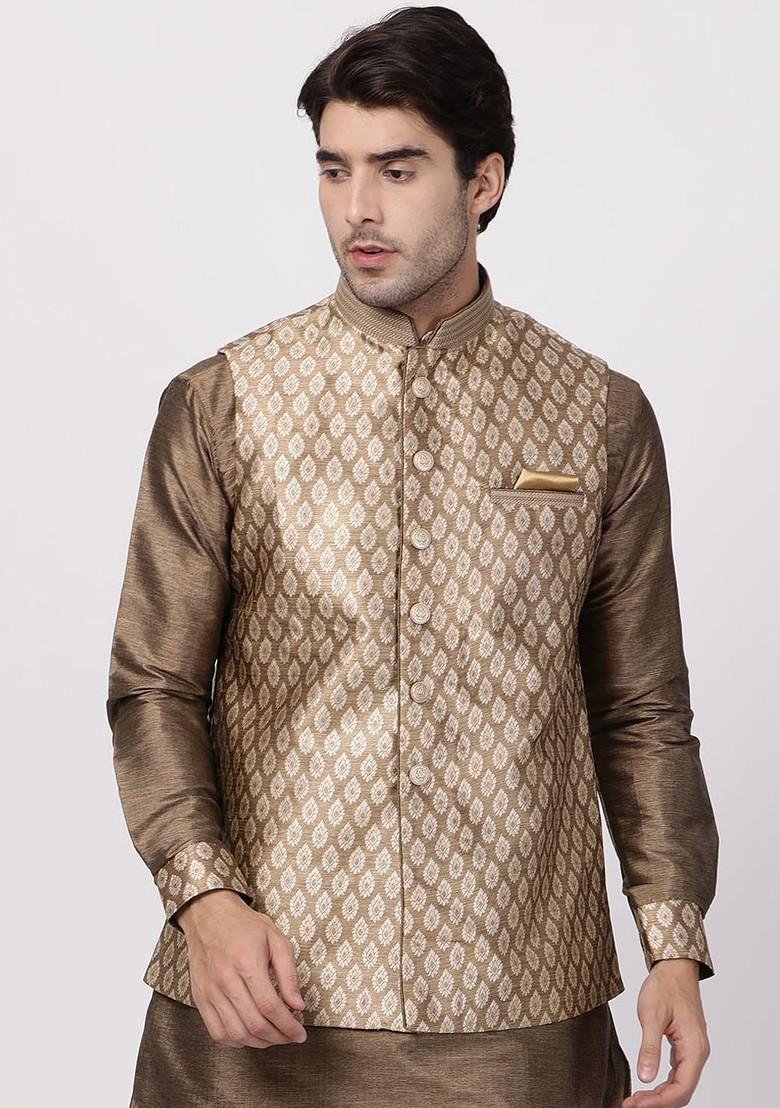 Gold Woven Poly Blend Nehru Jacket For Men