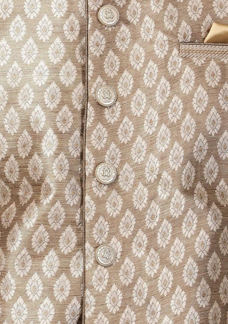 Gold Woven Poly Blend Nehru Jacket For Men