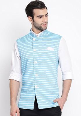 Blue Woven Poly Blend Nehru Jacket For Men