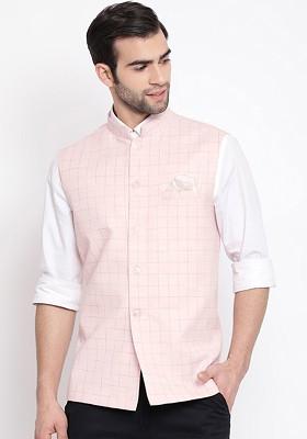 Pink Checked Poly Blend Nehru Jacket For Men