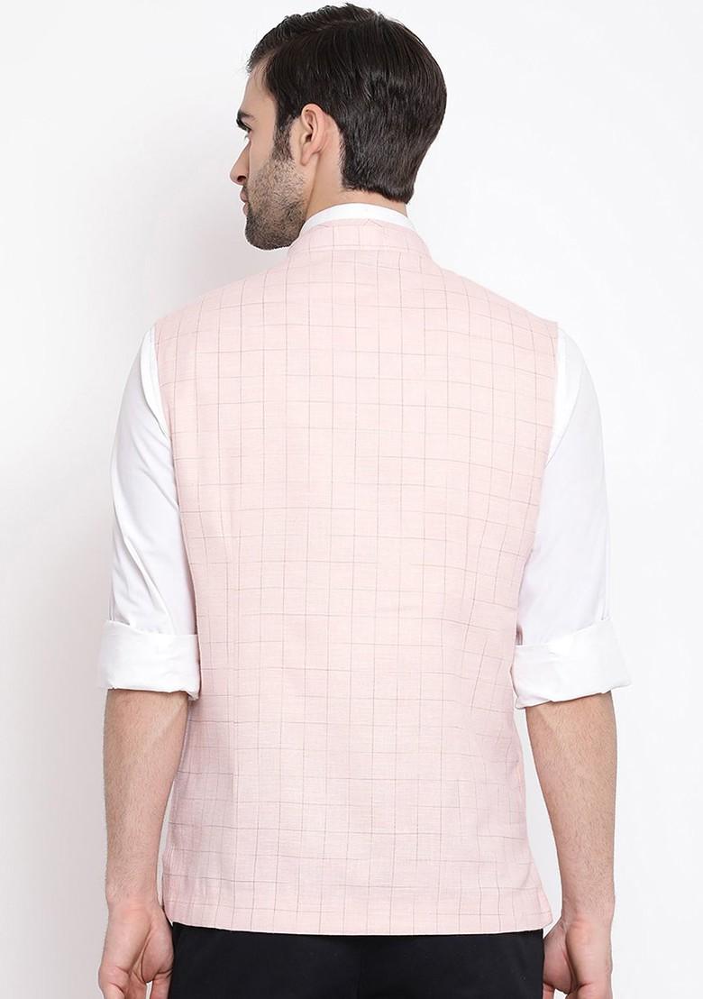 Pink Checked Poly Blend Nehru Jacket For Men