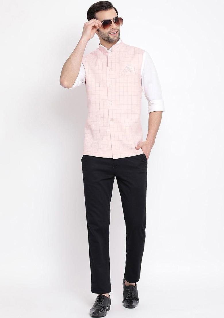 Pink Checked Poly Blend Nehru Jacket For Men