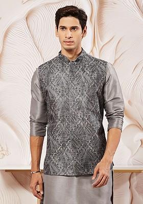 Grey Embroidered Poly Blend Nehru Jacket For Men