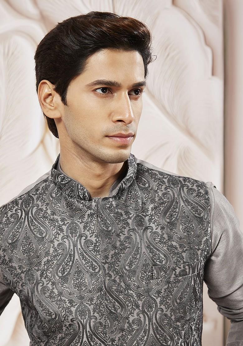 Grey Embroidered Poly Blend Nehru Jacket For Men