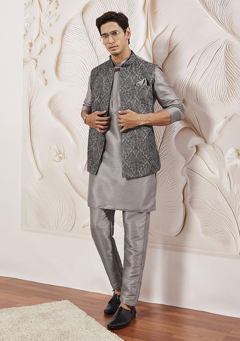Grey Embroidered Poly Blend Nehru Jacket For Men