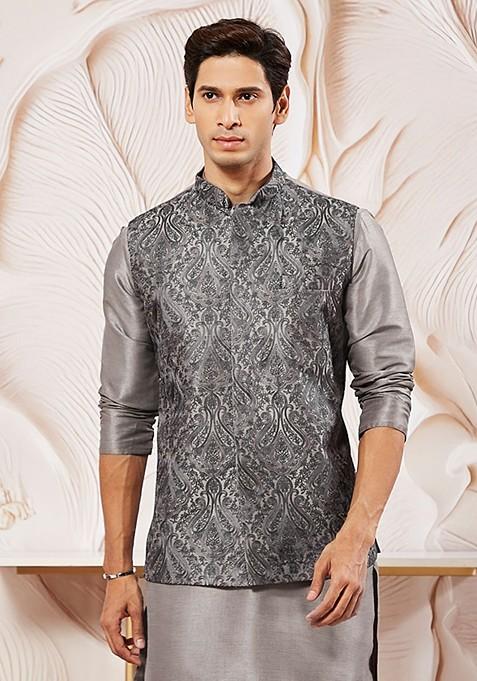 Grey Embroidered Poly Blend Nehru Jacket For Men — view on Indya