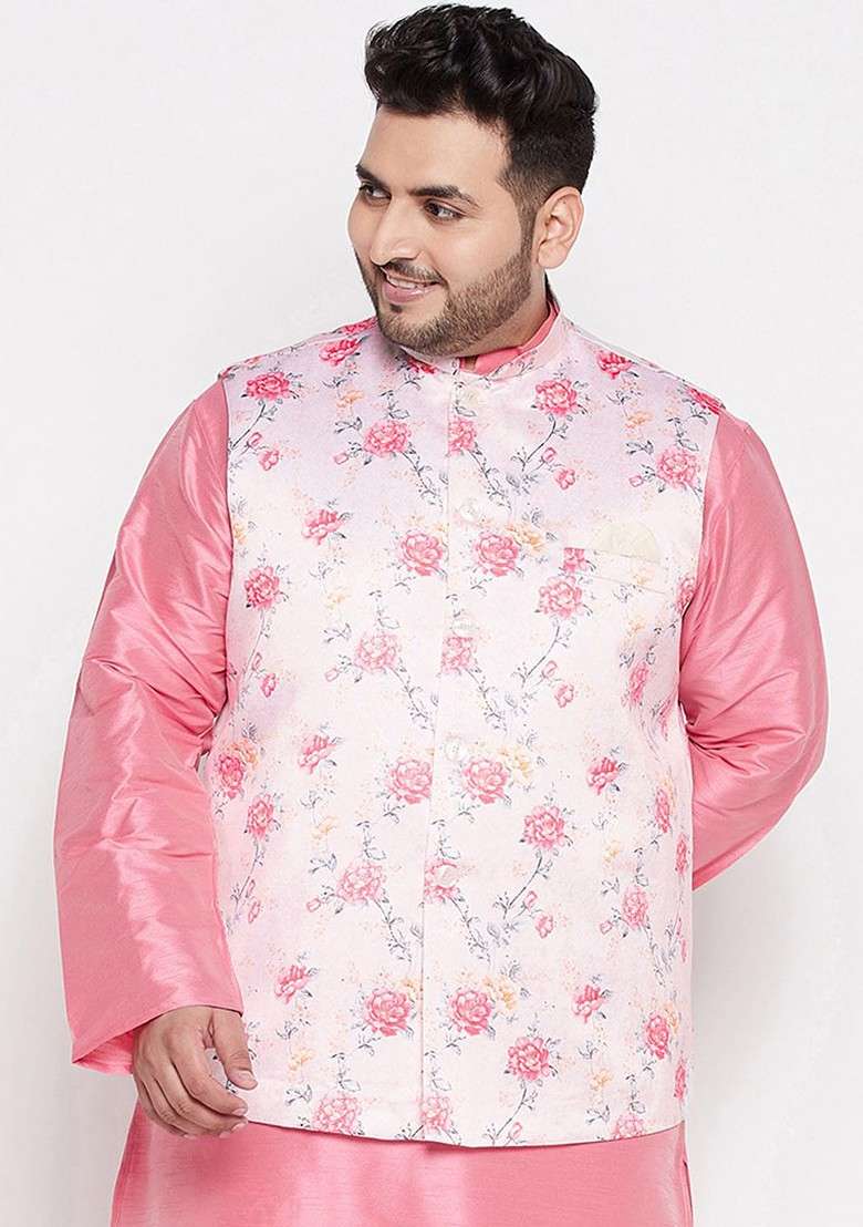 Peach Printed Poly Blend Nehru Jacket For Men - Indya