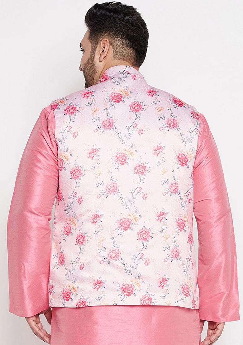 Peach Printed Poly Blend Nehru Jacket For Men