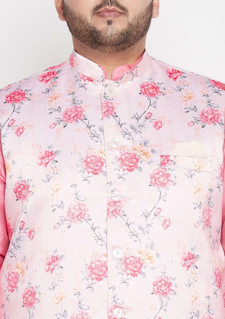 Peach Printed Poly Blend Nehru Jacket For Men - Indya