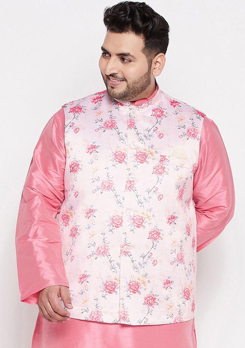 Peach Printed Poly Blend Nehru Jacket For Men