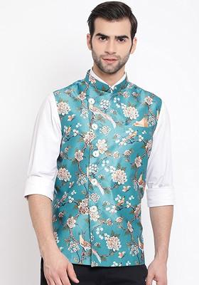 Turquoise Blue Printed Poly Blend Nehru Jacket For Men
