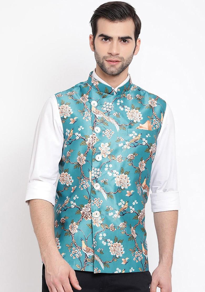 Turquoise Blue Printed Poly Blend Nehru Jacket For Men