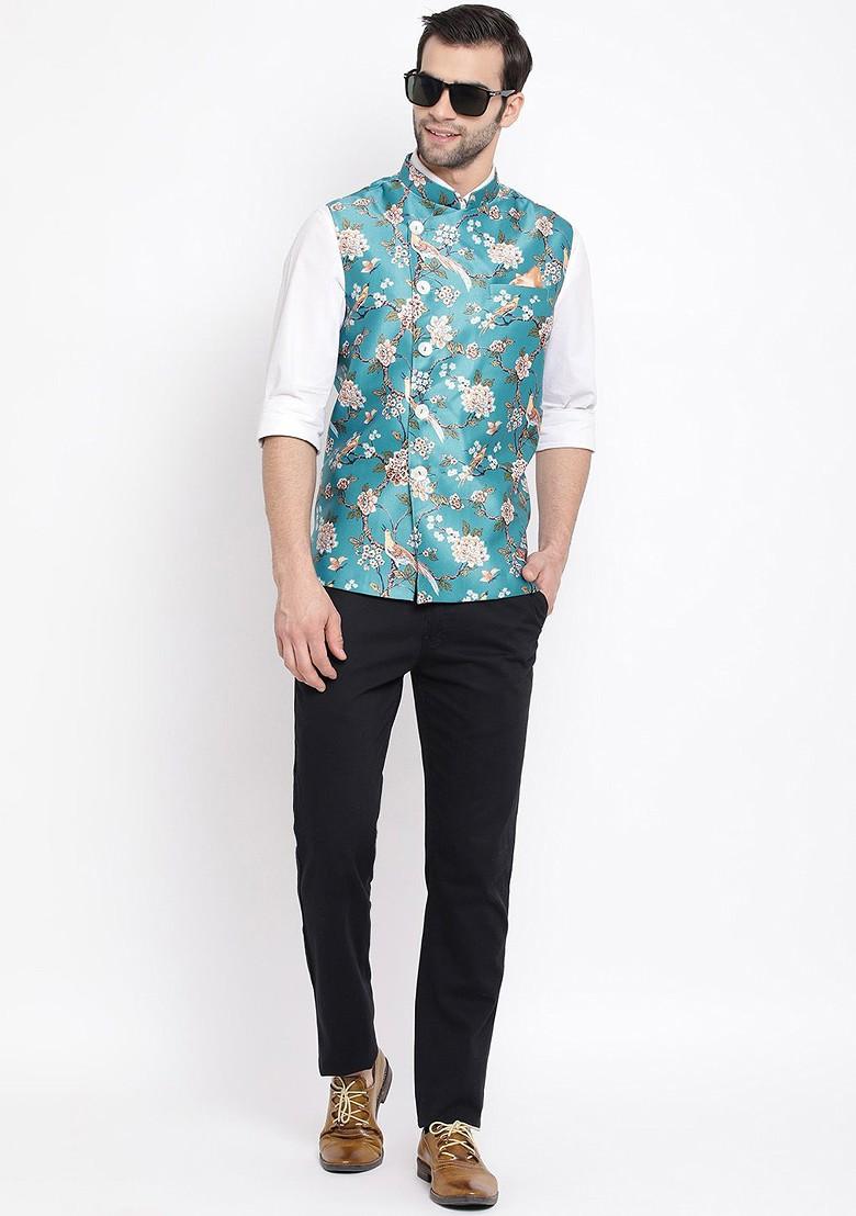 Turquoise Blue Printed Poly Blend Nehru Jacket For Men