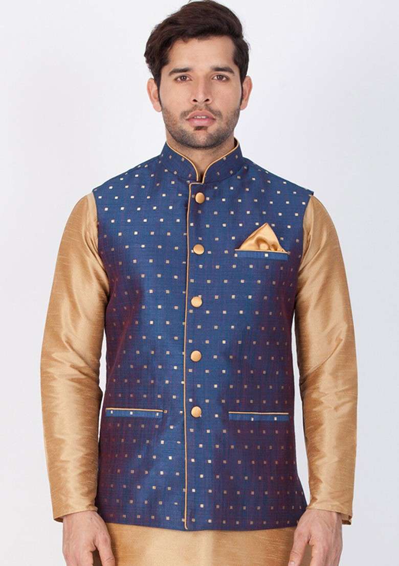 Blue Printed Poly Blend Nehru Jacket For Men - Indya