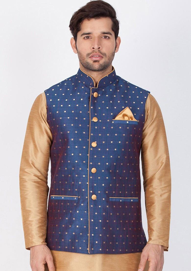 Blue Printed Poly Blend Nehru Jacket For Men