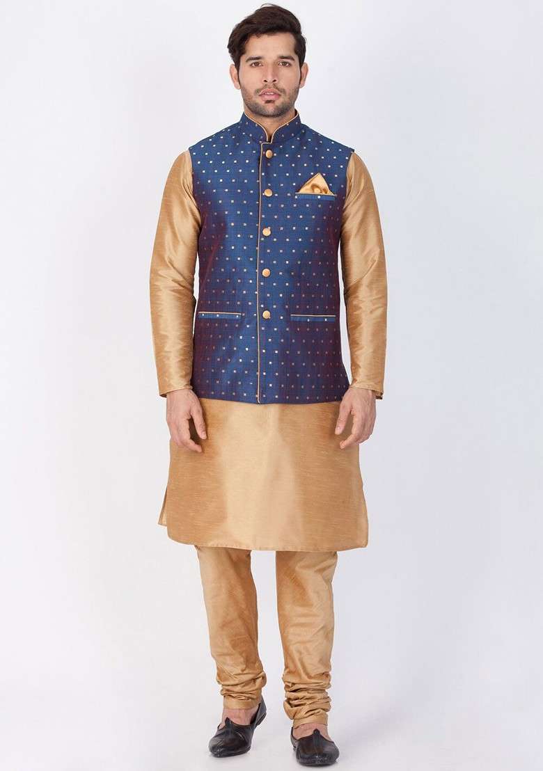 Blue Printed Poly Blend Nehru Jacket For Men - Indya