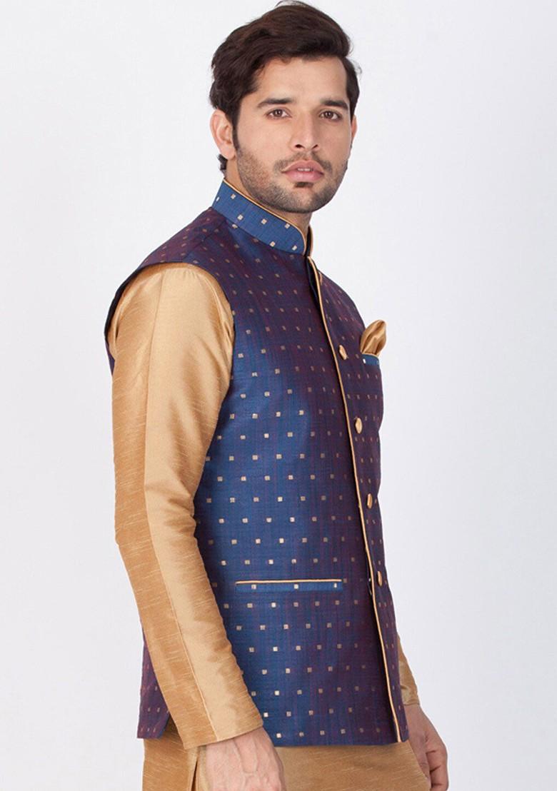 Blue Printed Poly Blend Nehru Jacket For Men