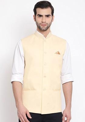 Cream Woven Poly Blend Nehru Jacket For Men