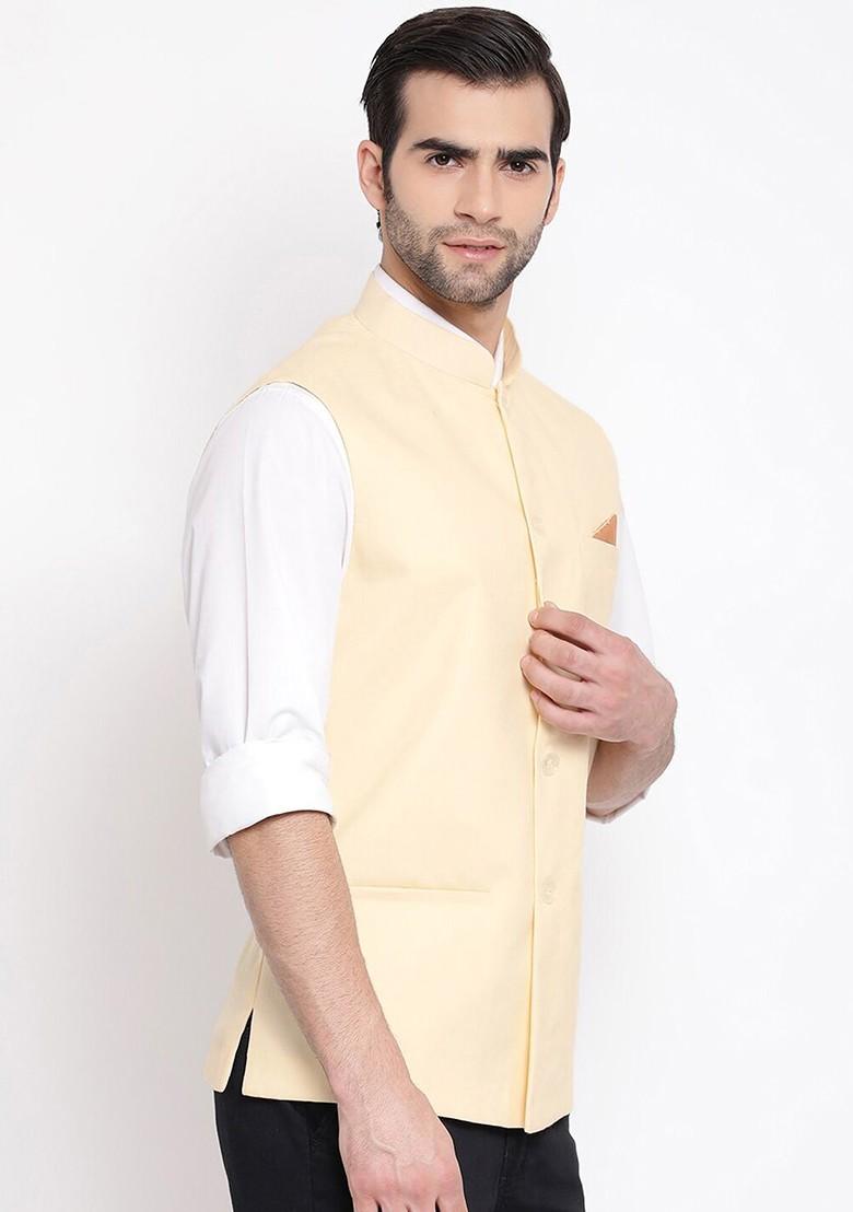 Cream Woven Poly Blend Nehru Jacket For Men